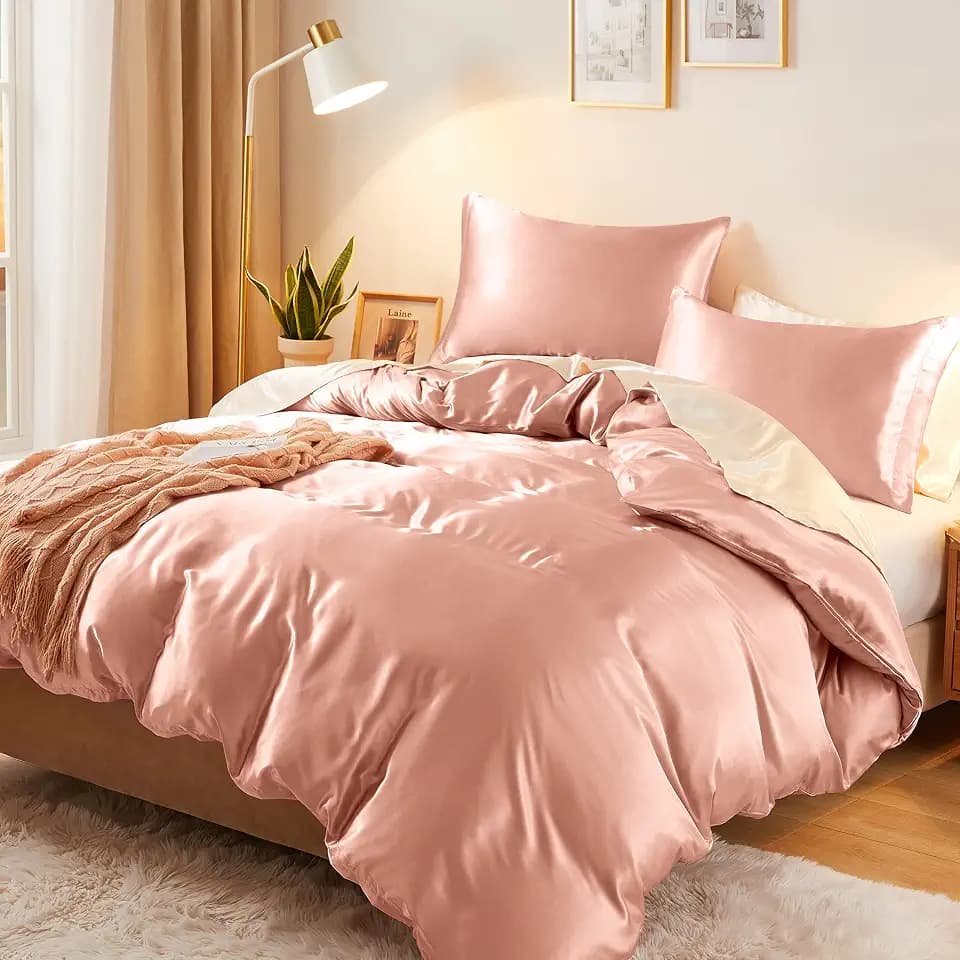 Vonty Rose Gold Satin Duvet Cover Set, Full/Queen, 3-Piece, 400TC