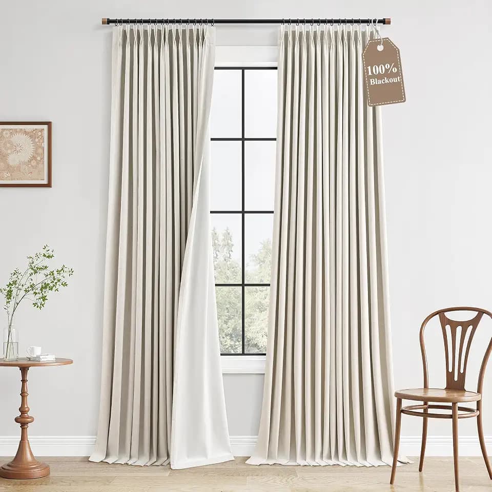 BOODII Extra Long 100% Blackout Linen Pleat Curtains 108 Inch Natural Cream