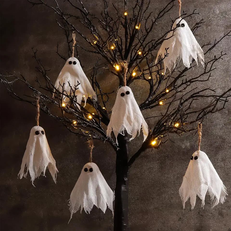 Halloween Decor Black Tree: 27" Spooky Lighted Artificial Tree with 6pcs Cute White Ghost Ornaments, Halloween Table Decorations Tree with 24 LED Lights for Kids Home School Office Indoor
