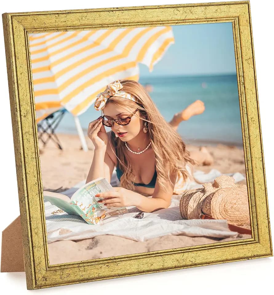 Wood 7x7 Frame Gold, Ornate Natural Wooden 7x7in Picture Frames, Modern Golden 7 x 7inch Gallery Photo Pic Frame with HD Plexiglass, Horizontal Vertical Wall Mounting Tabletop Display 1Pcs