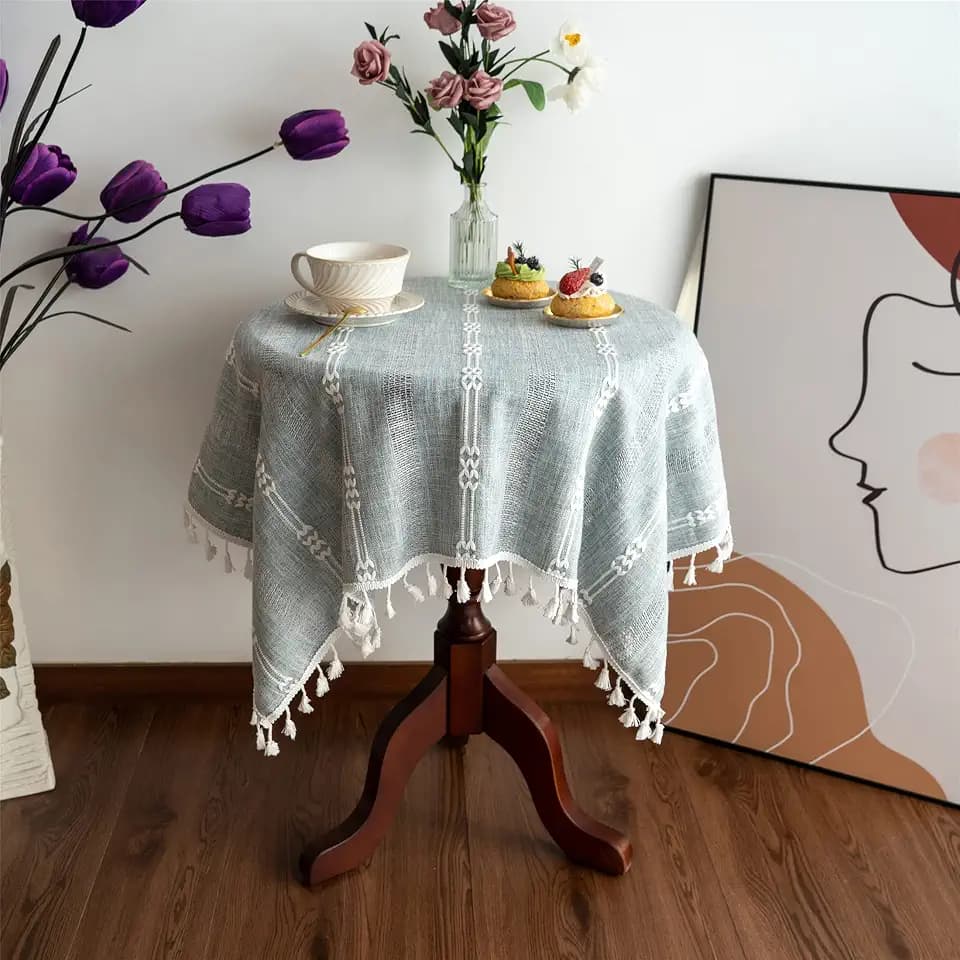Gernaice Rustic Stripe Embroidered Tablecloth Heavy Small Square Tassel Cotton Linen Table Cloth Wrinkle Free Washable Table Cover for End Bedside Coffee Teapoy Table Tea Trolley Grey 36x36 Inch