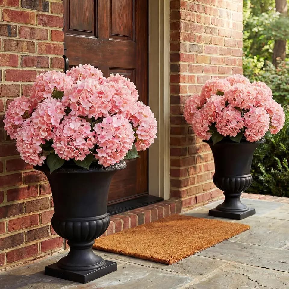 Hotop Hydrangea Artificial Flower Bush for Outdoor 19.6inch Large Silk Hydrangea 5 Heads Realistic UV Resistant Fake Flower for Porch Bouquet Window Box Wedding Indoor(4 Pcs,Rose Red)