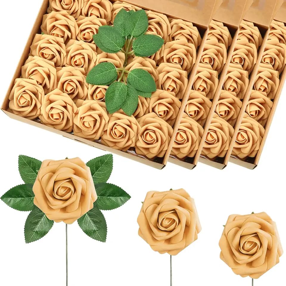 100 Pcs Artificial Foam Rose Flower Faux Bouquet Wedding Fake Rose Gift for Mother's Day Women DIY Bridal Shower Party Table Birthday Home Spring Decor (Gold)