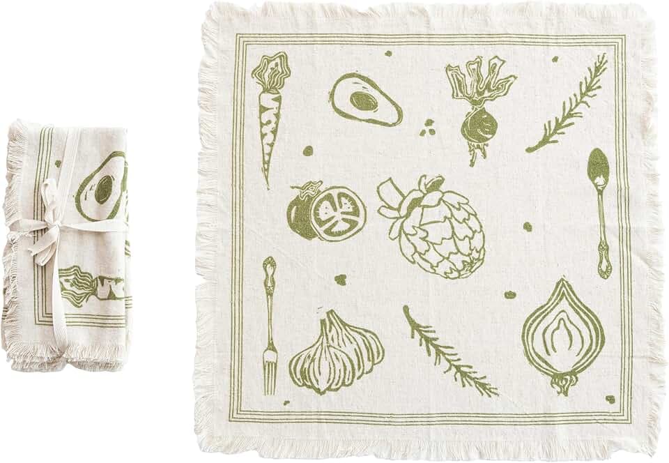 Creative Co-Op Cotton and Linen Napkins with Fringe Design, Green, Set of 4