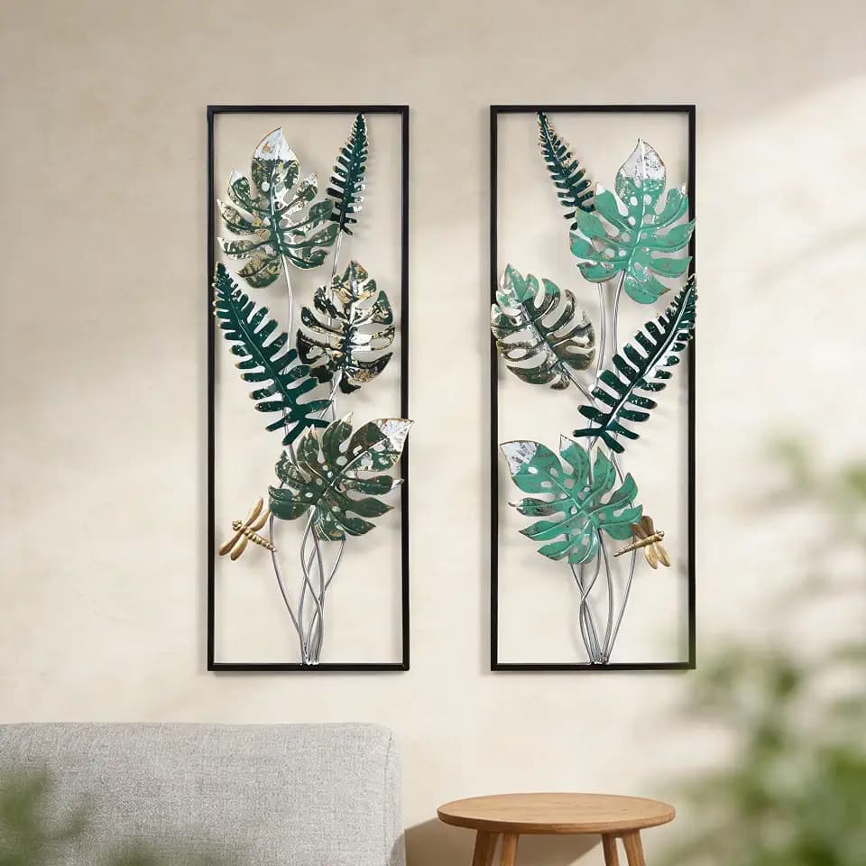 Monstera Fern Leaf Metal Wall Art with Framed Dragonfly, Boho Tropical Hanging Sculpture for Living Room Bedroom, Fall Halloween Thanksgiving Christmas Birthday Housewarming Gift for Women