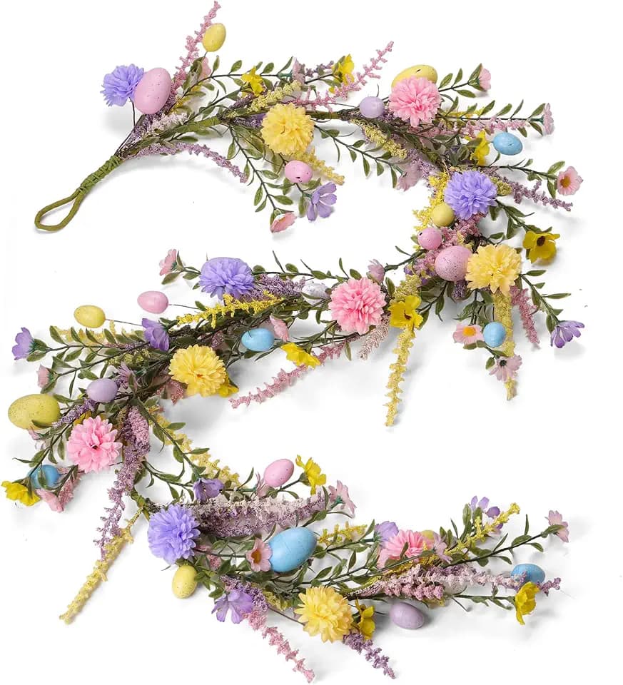 Easter Garland Decorations 6FT Artificial Easter Egg Garland with Colorful Egg Yellow Daisy Purple Lavender for Front Door Mantel Porch Windows Party & Home Décor Holiday Decoration