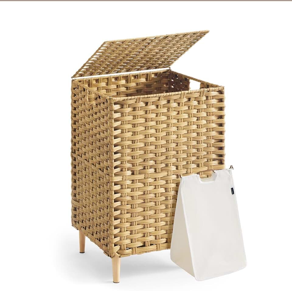 SONGMICS Laundry Hamper with Lid, PE Rattan, 25 Gallons (95 L)