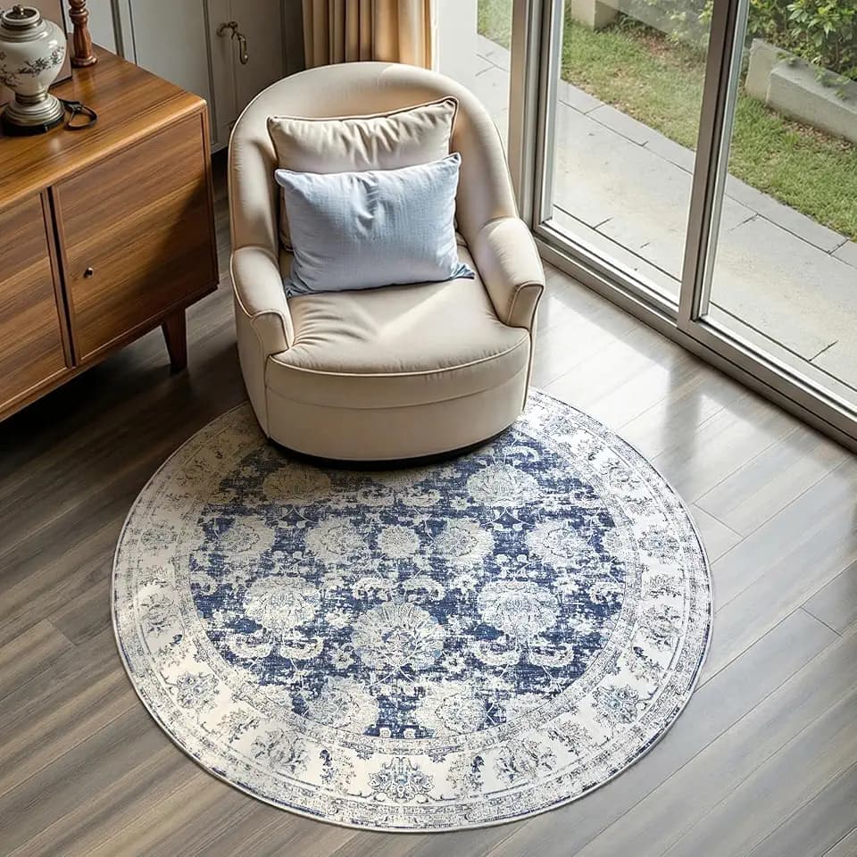 jinchan 4ft Vintage Floral Round Rug, Circle Washable Rug, Dark Blue