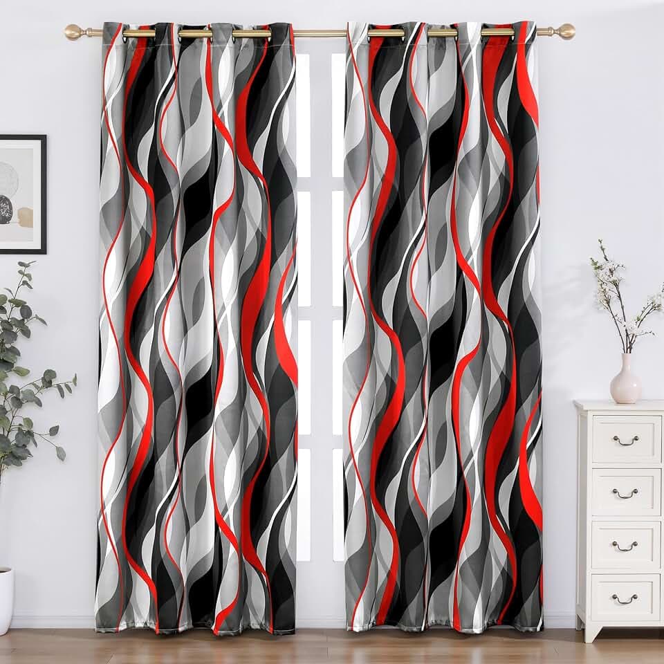 weesire Black and Red Blackout Curtains, 52 x 84 Inch, Grommet, 2 Panels