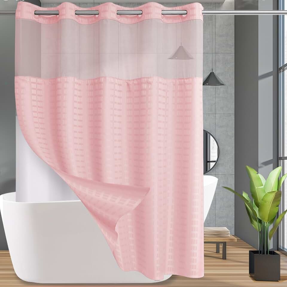Conbo Mio Extra Long No Hook Shower Curtain with Snap in Liner Set, Hotel Luxury Pink Shower Curtains for Bathroom with See Through Top Window, Waterproof, Washable 71W x 84H