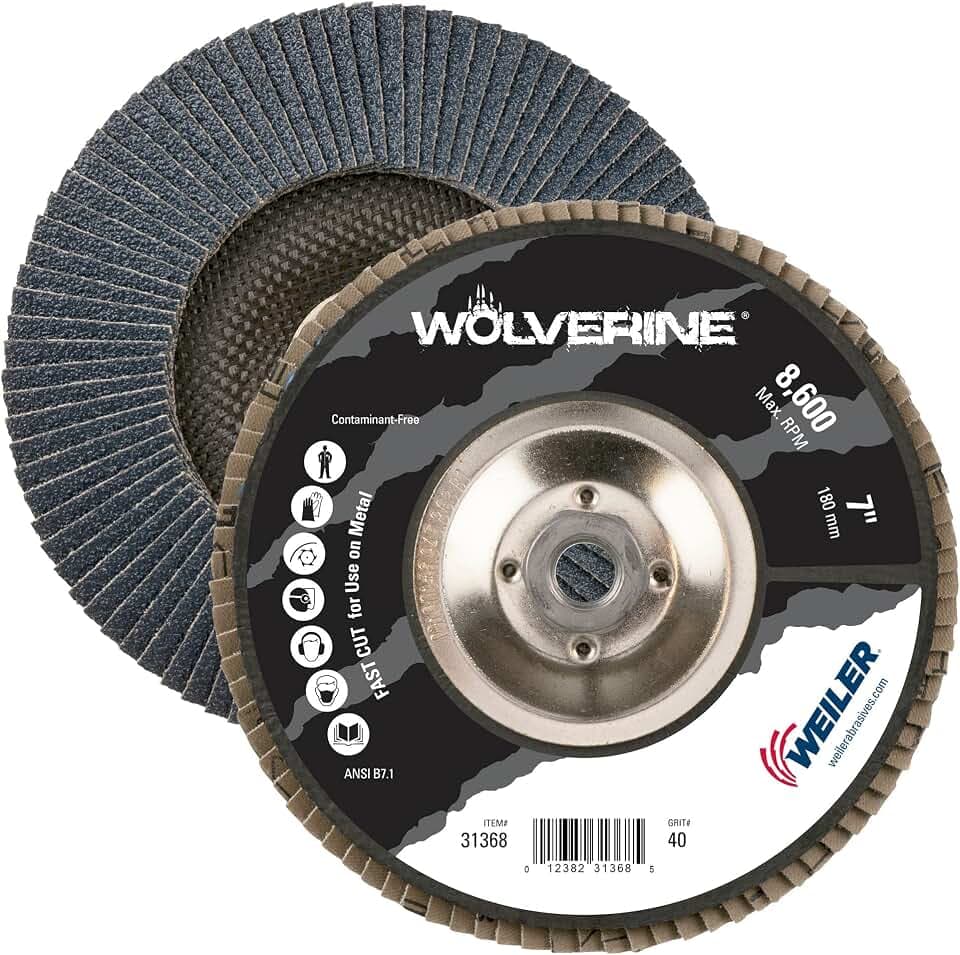 Weiler 31368 Wolverine 7" x 5/8"-11 UNC Nut Abrasive Flap Disc, 40 Grit Zirconia Alumina, Bevel Type 29, Phenolic Backing, Standard Density