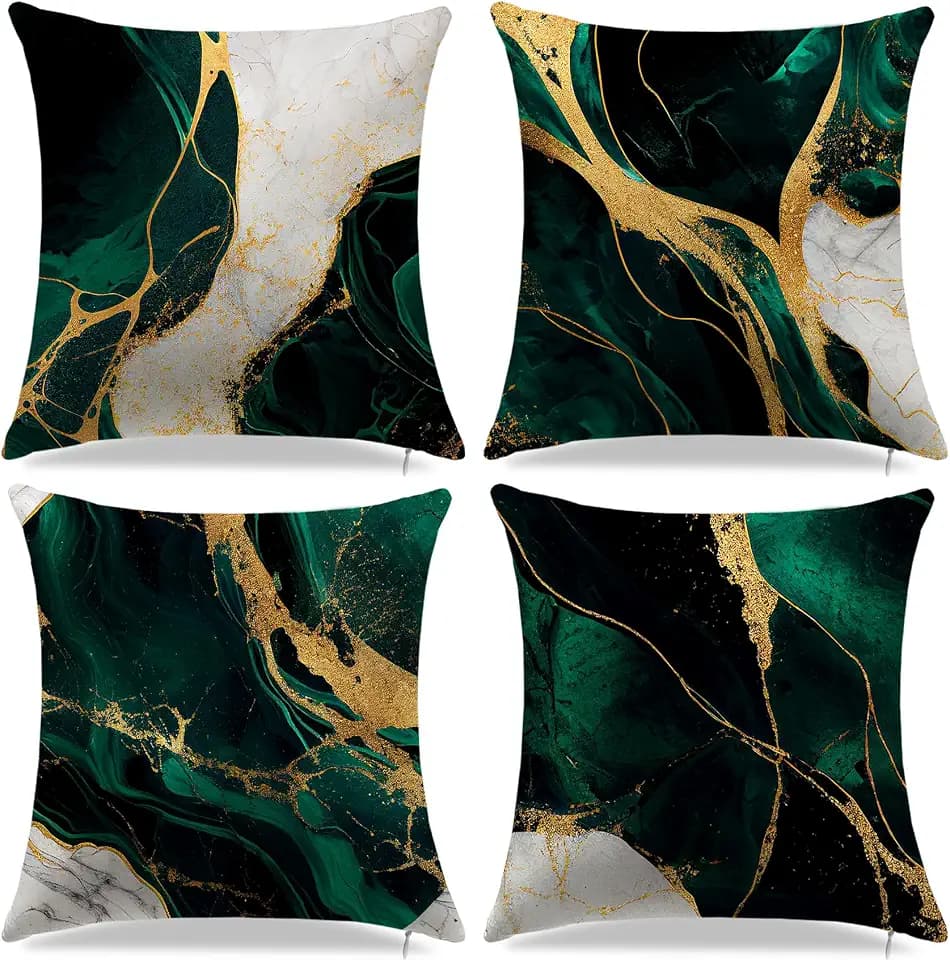 Emerald Green and Gold Marble Throw Pillow Covers 18x18 Set of 4