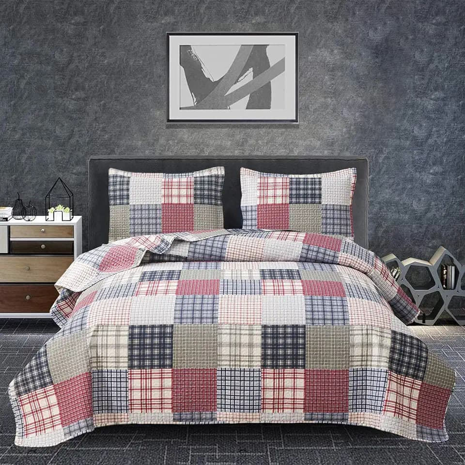 Plaid King Size Bedspread Coverlet Quilt Set - Boys/Mens Red, Blue, White Plaid - Lightweight, Reversible, Soft Microfibers - All Season