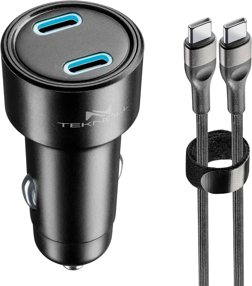 Schnellladegerät 65 W - 2 Ports: 1 x USB-C 20 W PD + 1 x USB-C 45 W PD - 1 m USB-C-Kabel im Lieferumfang enthalten - Aktive LED - Sicheres Aufladen im Auto - Geeignet für alle Smartphones,