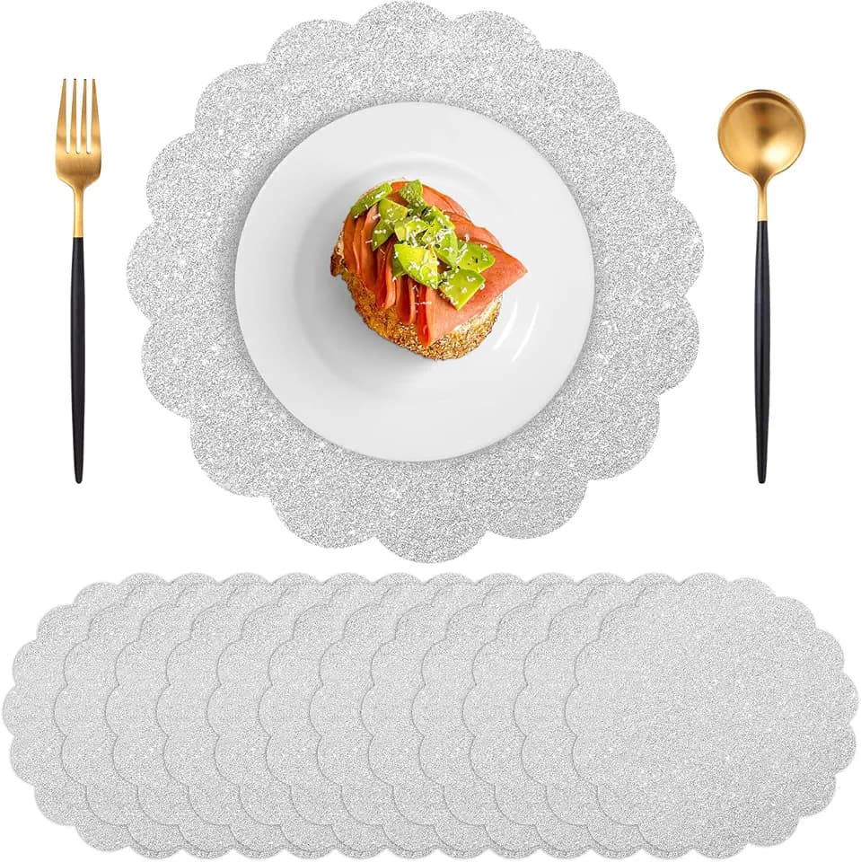 60 Pcs Silver Glitter Paper Placemats, Scalloped Disposable Placemat
