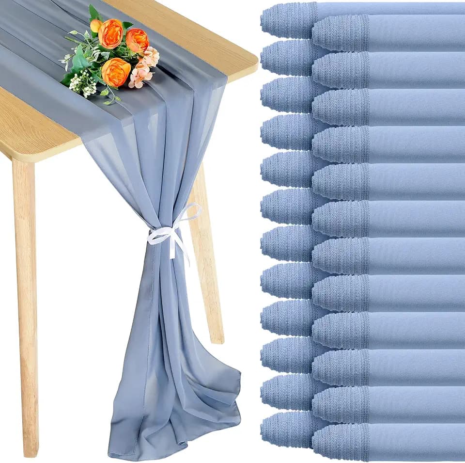 Chumia 24 Pack Chiffon Table Runners Romantic Sheer Table Decorations Long Tulle Runner for Wedding Bridal Shower Party Supplies Decor, 118 x 12 Inches(Dusty Blue)