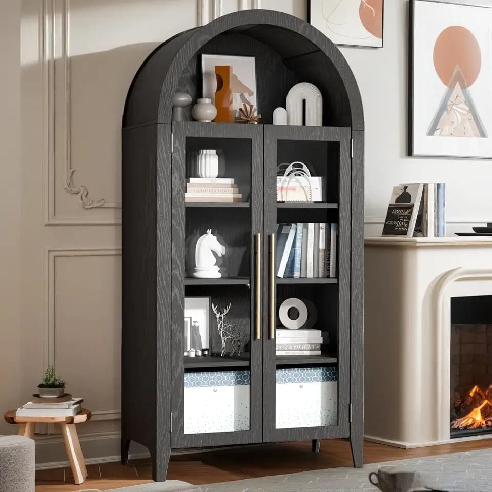 NicBex 63" Arched Storage Cabinet W/Glass Doors, 5-Tier Bookshelf, Black