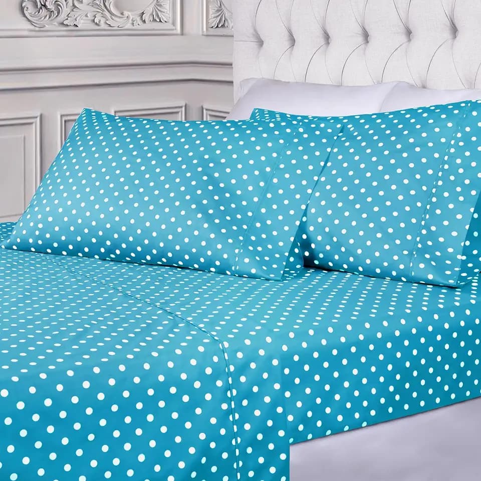 SUPERIOR Polka Dot 600 Thread Count Cotton Blend Sheet Set, Deep Pocket Sheets, Cotton Rich, Sateen Weave, Silky-Soft, Breathable Bedding, Retro Vintage Bedroom Basics, Twin XL, Aqua
