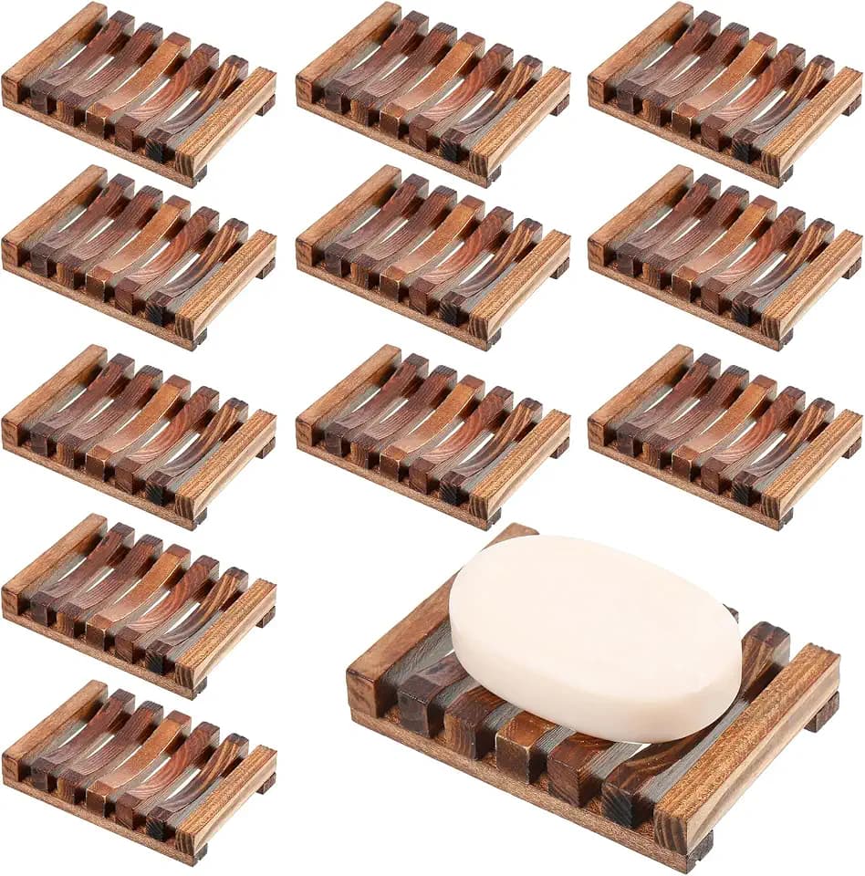 Skylety 12 Pieces Wooden Shower Soap Dish Bulk Soap Holder, Brown Color