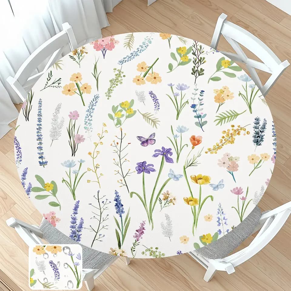 Spring Summer Floral Round Fitted Tablecloth with Elastic Colorful Wildflower Picnic Circle Table Cloth for 40-44" Tables Farmhouse Flowers Wipeable Waterproof Table Cover for Patio Outdoor Dining