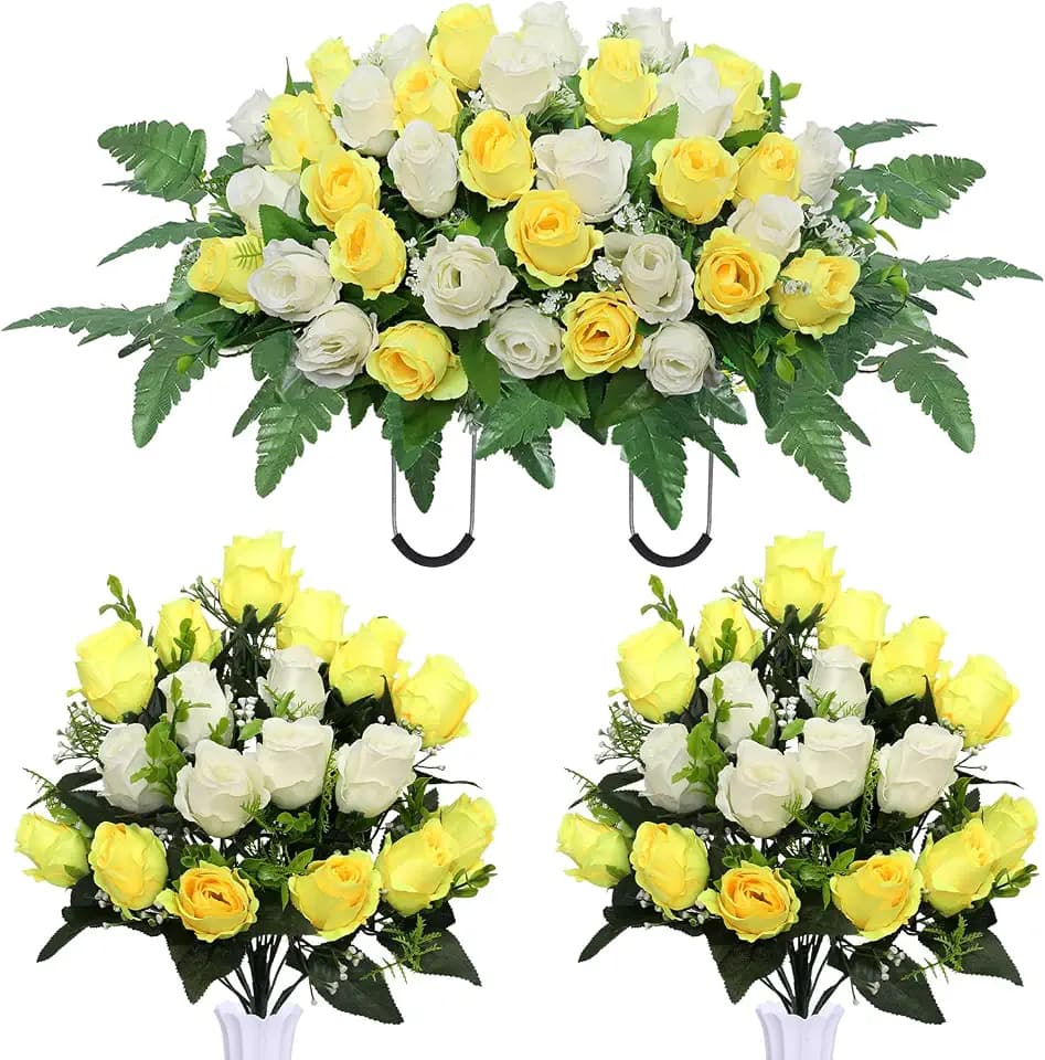 Artificial Cemetery Flower Saddles, Cemetery Memorial Flowers with Vase,Outdoor Grave Saddle Headstone Decorations, Artificial Rose Bouquet Grave Memorial Flowers (Yellow White)
