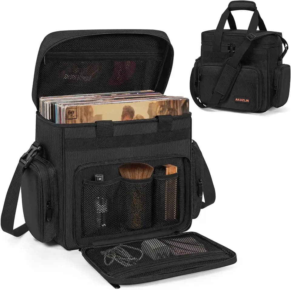 AKOZLIN Vinyl Record Storage Bag with Divider Durable LP Albums Storage Carrying Case Fit 50 Records 12" LP Albums Travel Vinyl Bag for Collection