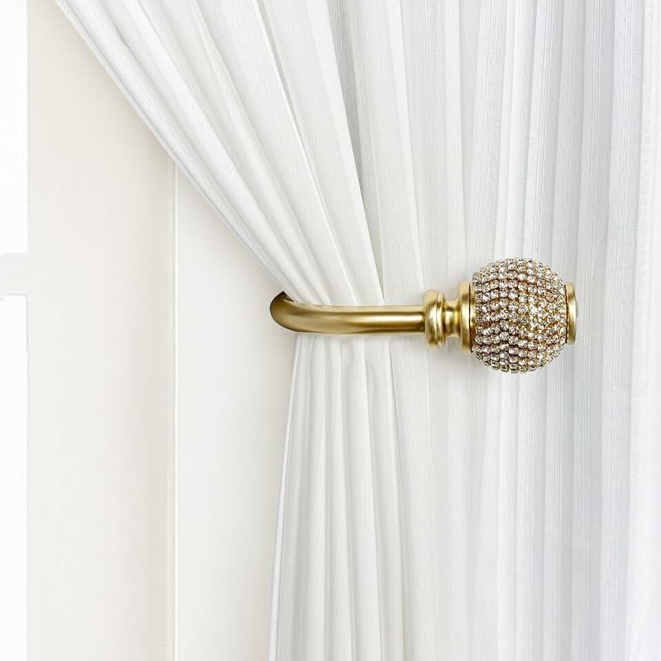 Gold Curtain Drapery Holdbacks with Rhinestone Finials, Wall Mount Drapery Hooks Holders, Set of 2
