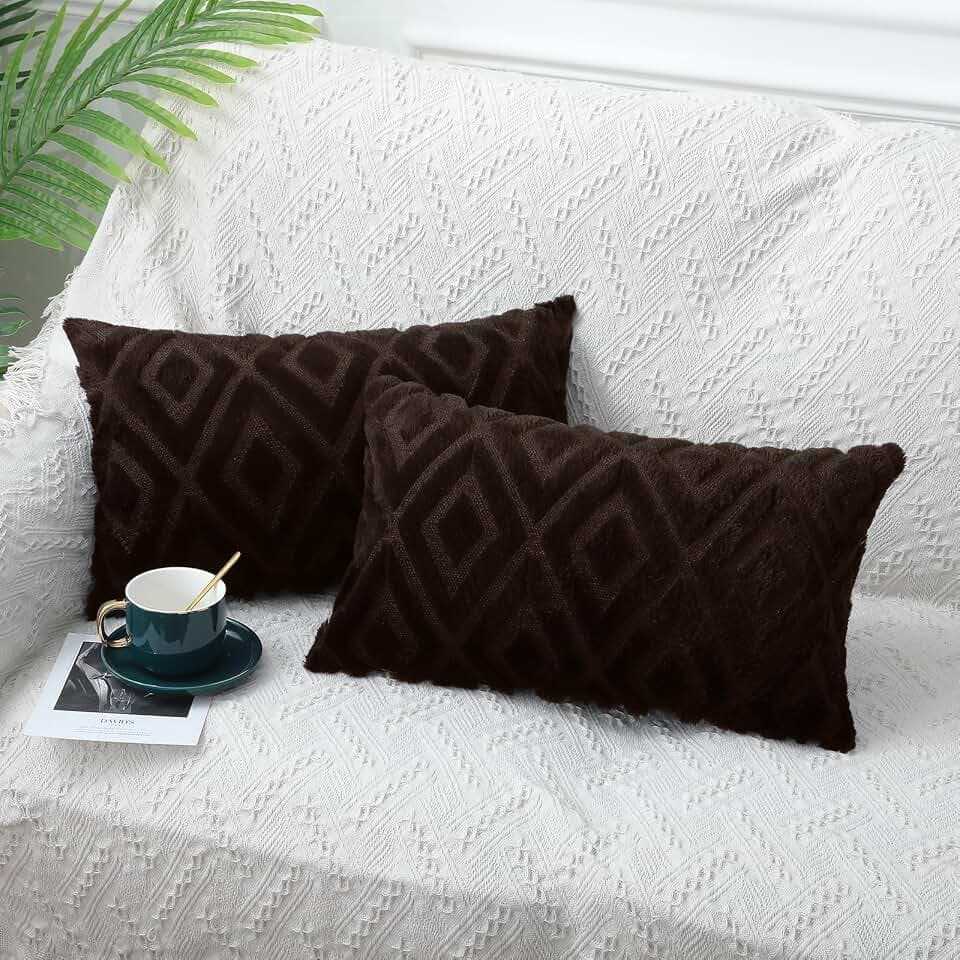 Pallene Brown Throw Pillow Covers 12x20 Set of 2, Soft Plush Faux Fur Decorative Lumbar Couch Pillow Covers for Sofa Bed Living Room Pillow Cases with 3D Diamond Pattern