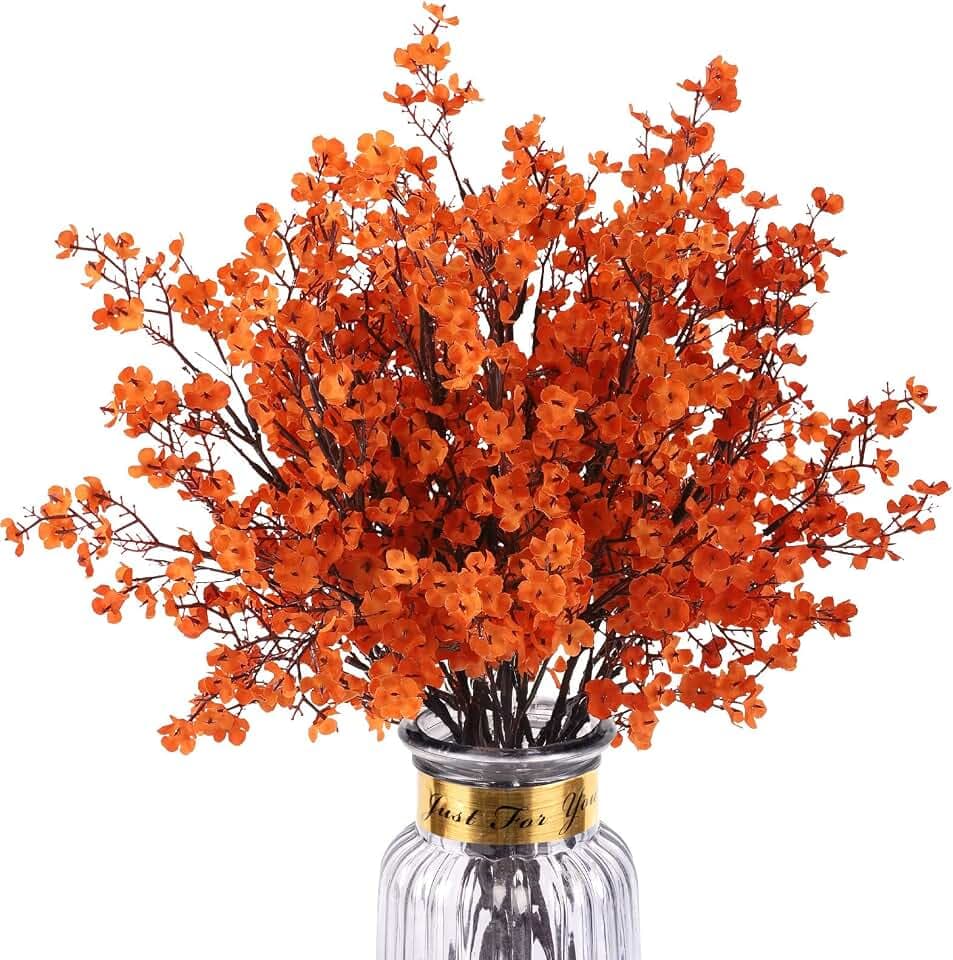 8Pcs Artificial Fall Flowers Real Touch Babys Breath Fake Orange Flowers