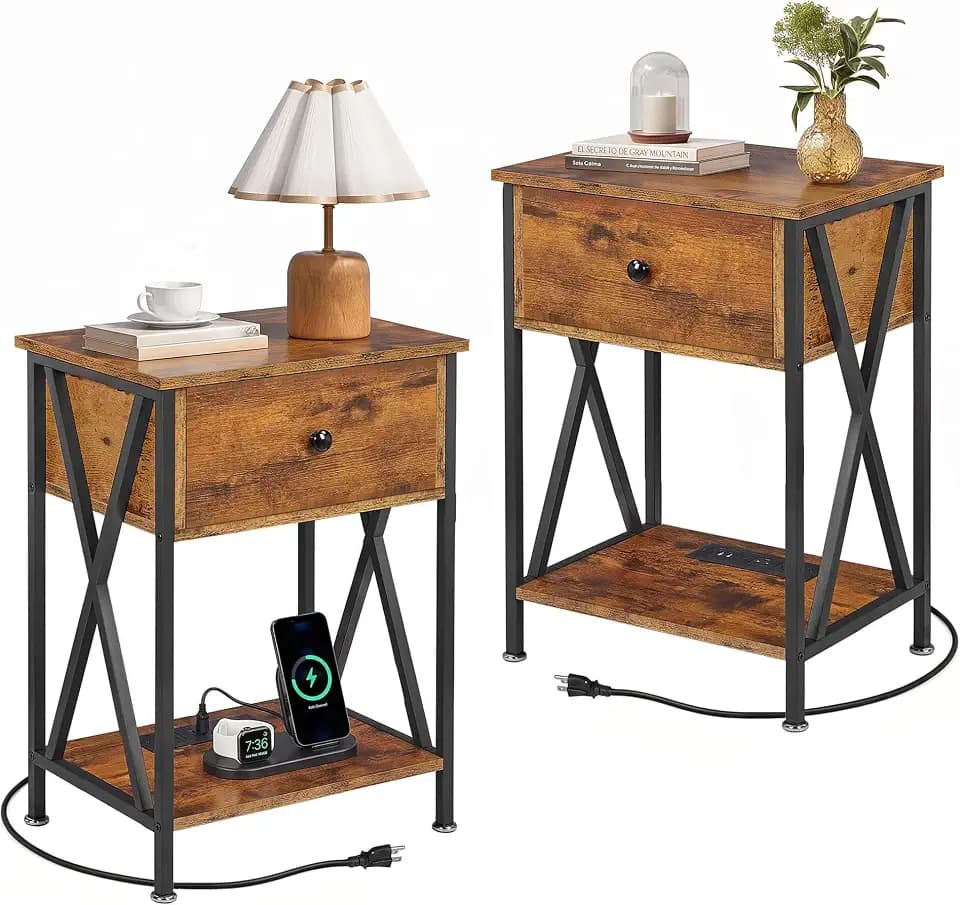 VECELO Nightstand Set of 2,End Tables with Charger Station,Bed Side Table with Open Shelf &USB Ports & Outlets,Small Dresser for Bedroom, Living Room,Rustic Brown