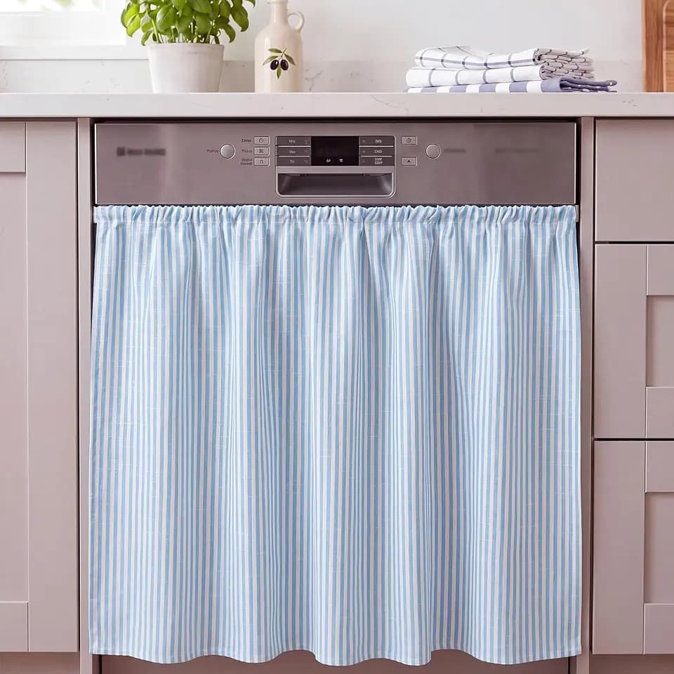 VitalCozy Cabinet Curtain 35" W X 35" L Sink Skirt Blue White Stripes