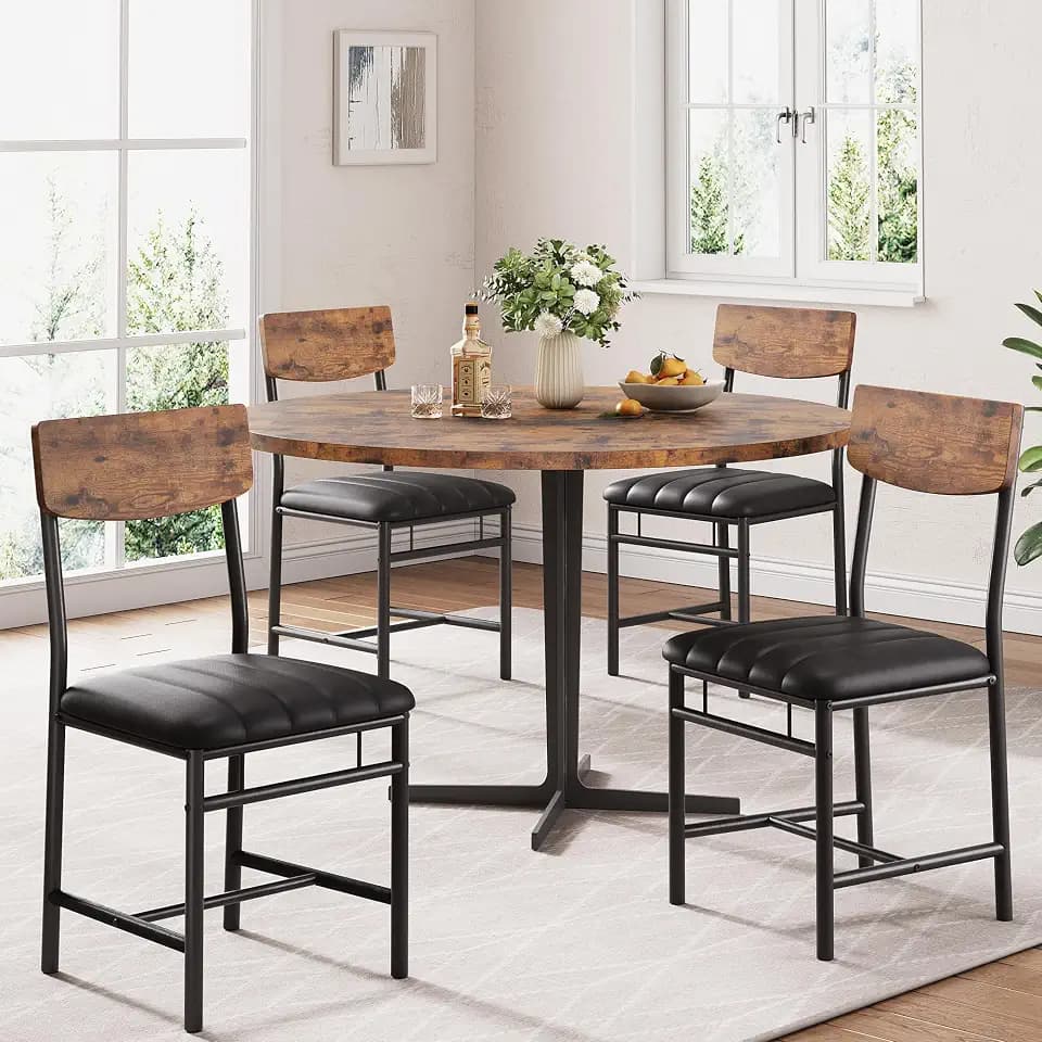 Jocoevol Industrial Dining Chairs Set of 4 - Upholstered Dining Room Chairs with PU Leather, Kitchen Chairs with Wooden Backrest and Thickened Metal Legs, for Dining Room, Living Room(Rustic Brown)