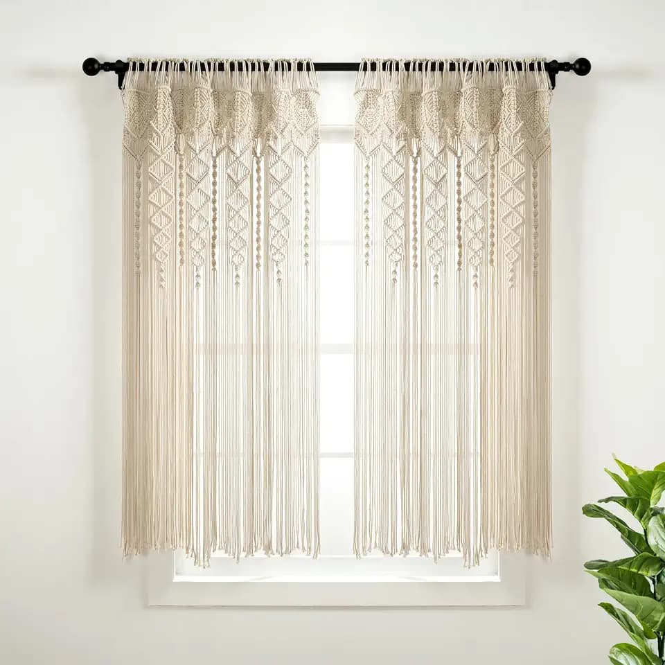 Lush Decor Boho Macrame Textured Cotton Window Curtain Panel Single 40" W x 63" L Neutral - Macrame Curtains for Windows, Room Divider, Boho Wall Decor
