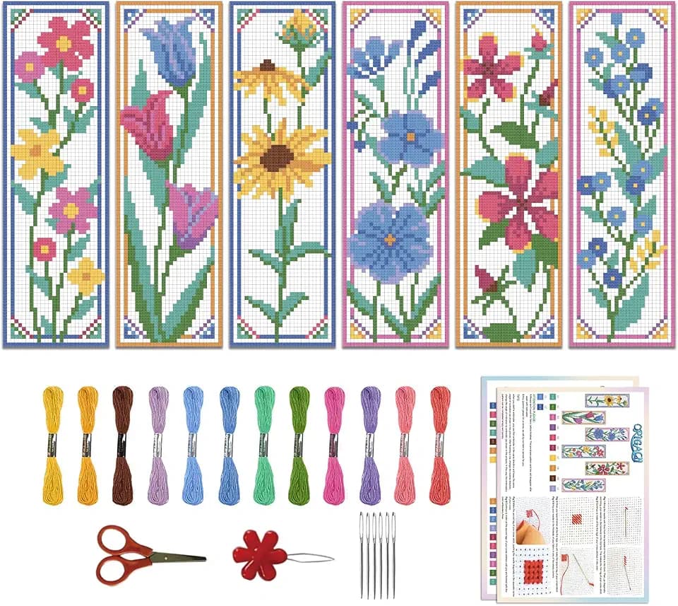 ORIGACH 6 Set Wildflower Floral Cross Stitch Bookmark Kit for Beginner