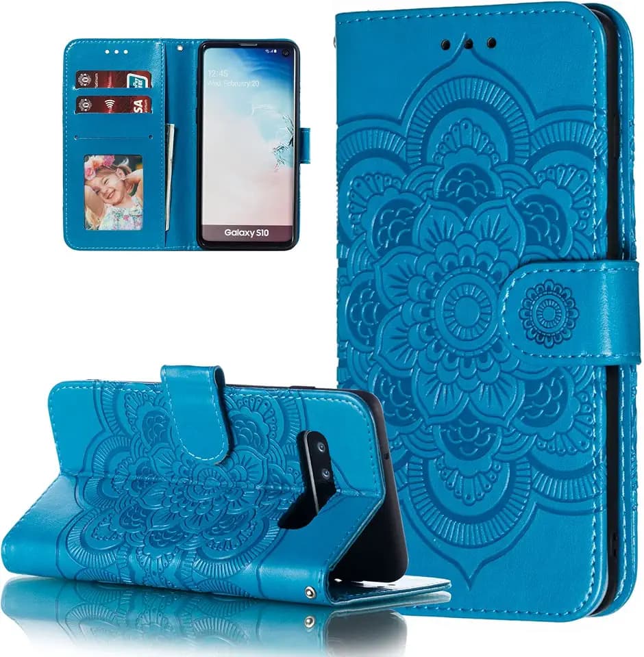 EYZUTAK Mandala Hülle für Samsung Galaxy S10 Plus,Premium PU Leder Flip Brieftasche Kartenfächern Holder Magnetic Ständer Schutzhülle Handyhülle Ultra Slim Case mit Lanyard, Prägung Klapphülle-Blau