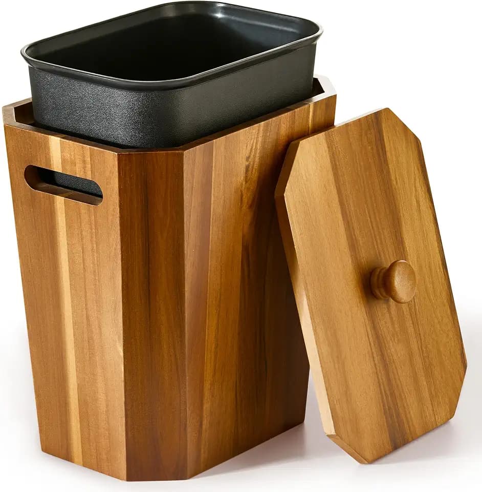 BLUEWEST Acacia Wooden Trash Can with Lid for Bathroom, Bedroom and Office