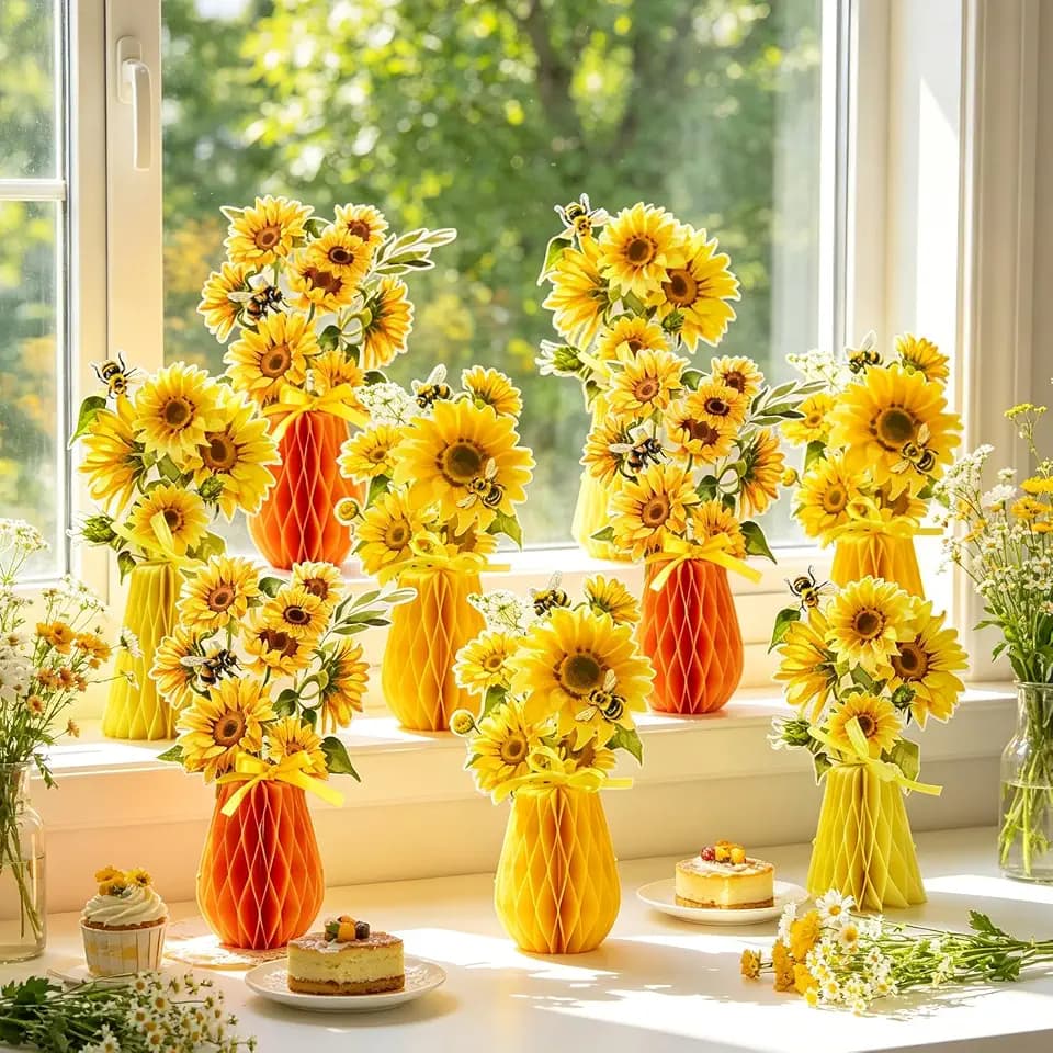SUNBEAUTY 9 PCS Sunflower Honeycomb Centerpieces Sunflower Party Decorations Yellow Honeycomb Table Centerpiece for Spring Summer Garden Themed Birthday Baby Shower Decor
