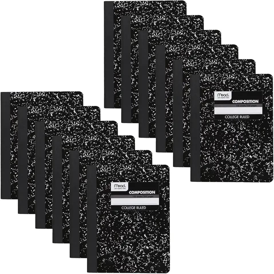 Mead Composition Notebook, 12 Pack, College Ruled Paper, 7-1/2" x 9-3/4", 100 Sheets per Comp Book, Black Marble (72938)