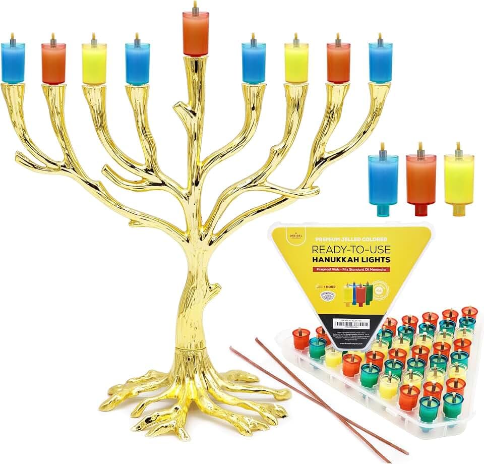 The Dreidel Company Hanukkah Pre Filled Jelled Oil Cups Candles, Fits Most Standard Menorahs, Made in Israel, 1 Hour (Natural Olive Oil Colored Jelled)
