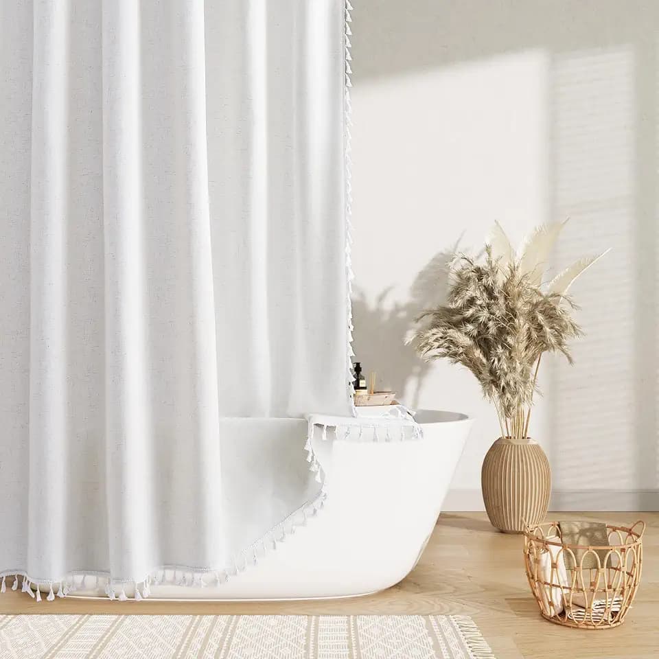 Nanspring Beige White Boho Linen Shower Curtain 78 Inch Long Weighted Tassel Chic Fancy Vintage Country Fabric Shower Curtain Set with Hooks Modern Neutral Decorative Bath Accessories Decor 72x78