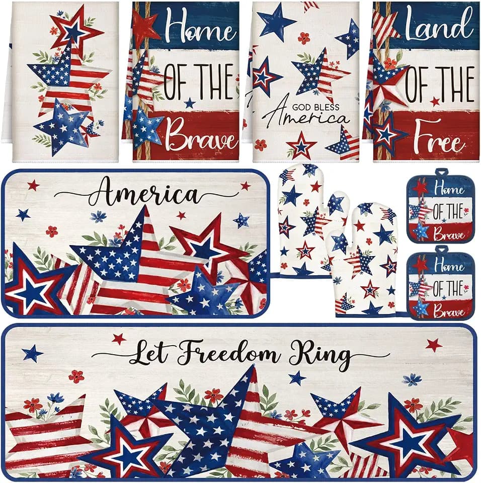 Fourluoo 10 Pcs 4th of July Kitchen Decor and Accessories Red White and Blue Oven Mitts and Pot Holders Set America Stars Dish Towels Patriotic Kitchen Rugs and Mats for 250th Anniversary Women Gift