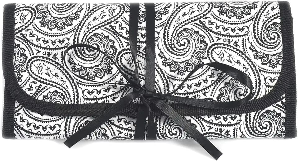 Simplily Co. 8" x 11" Hanging Travel Jewelry & Accessories Organizer Roll Bag (Black & White Paisley Print Exterior & Blue Interior)
