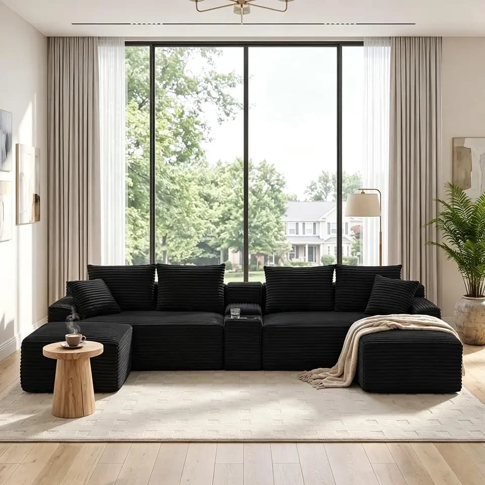 127" U-Shaped Cloud Sectional Couch Plush Corduroy Compressed Boneless Sectional Sofa Modular Symmetrical Cloud Sofa with Ottoman Chaise Lounger, Storage Console & Cupholders