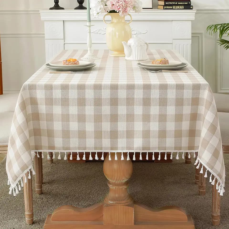 Laolitou Spring Checkered Tablecloth Square Washable Heavy Duty Buffalo Plaid Table Cloth with Tassel Cotton Linen Gingham Table Cover for Holiday Picnic Kitchen Dining Room, Beige, 55 Inch