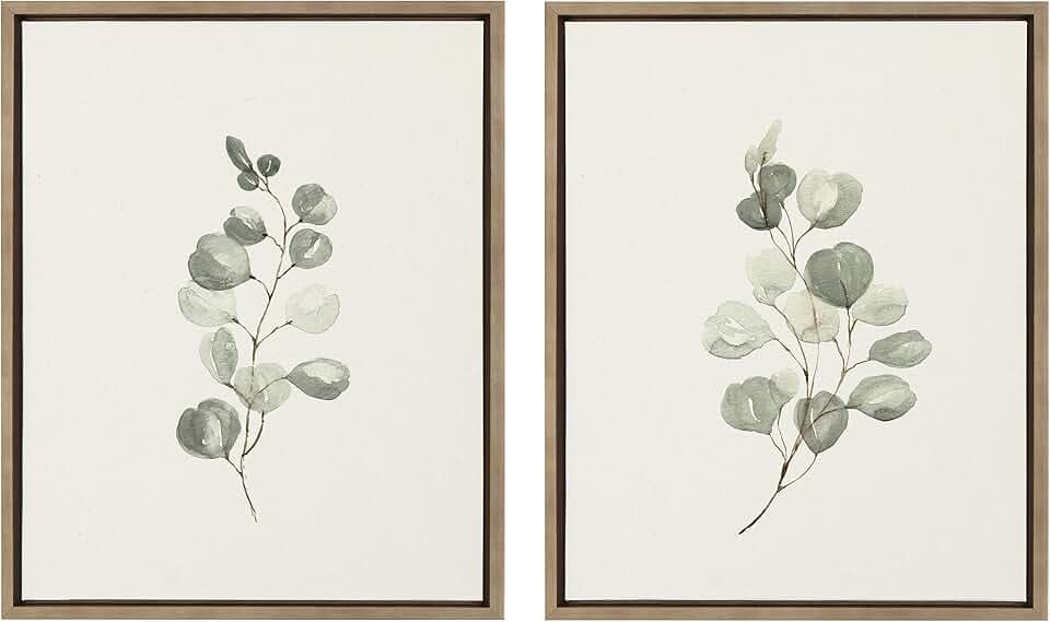 Kate and Laurel Sylvie Eucalyptus Framed Linen Textured Canvas Wall Art Set by Maja Mitrovic, 2 Piece 18x24 Dark Gold, Decorative Botanical Art for Wall