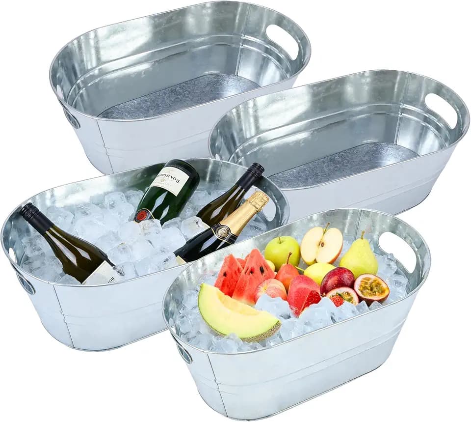 4 Pack 3 Gallon Galvanized Tub, Ice Buckets for Parties, Beverage Tubs for Parties, Metal Drink Buckets for Parties with Carry Handles, Champagne Wine Beer Cooling Tub, Mimosa Bar Supplies