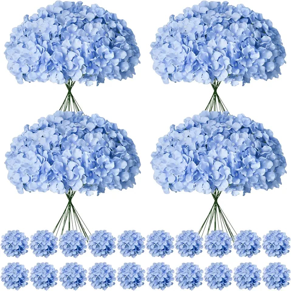 100 Pcs Faux Blue Hydrangea Artificial Flowers Bulk, Fake Silk Hydrangea Flowers Heads with Stems for Wedding Decorations Garden Party Baby Shower Porch Home Decor Table Centerpieces