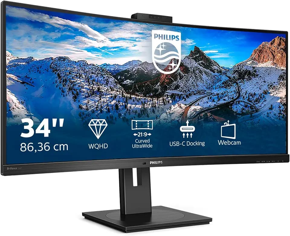 PHILIPS 346P1CRH - 34 Zoll WQHD Curved USB-C Docking Monitor, Webcam, höhenverstellbar, HDR400 (3440x1440, 100Hz, HDMI, DisplayPort, USB-C, RJ45, USB Hub) schwarz