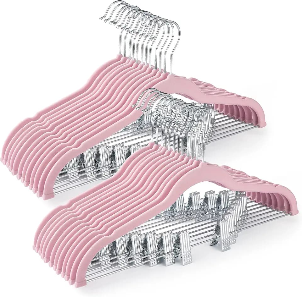 HOUSE DAY Velvet Skirt Hangers 24 Pack, Velvet Hangers with Clips- Pink