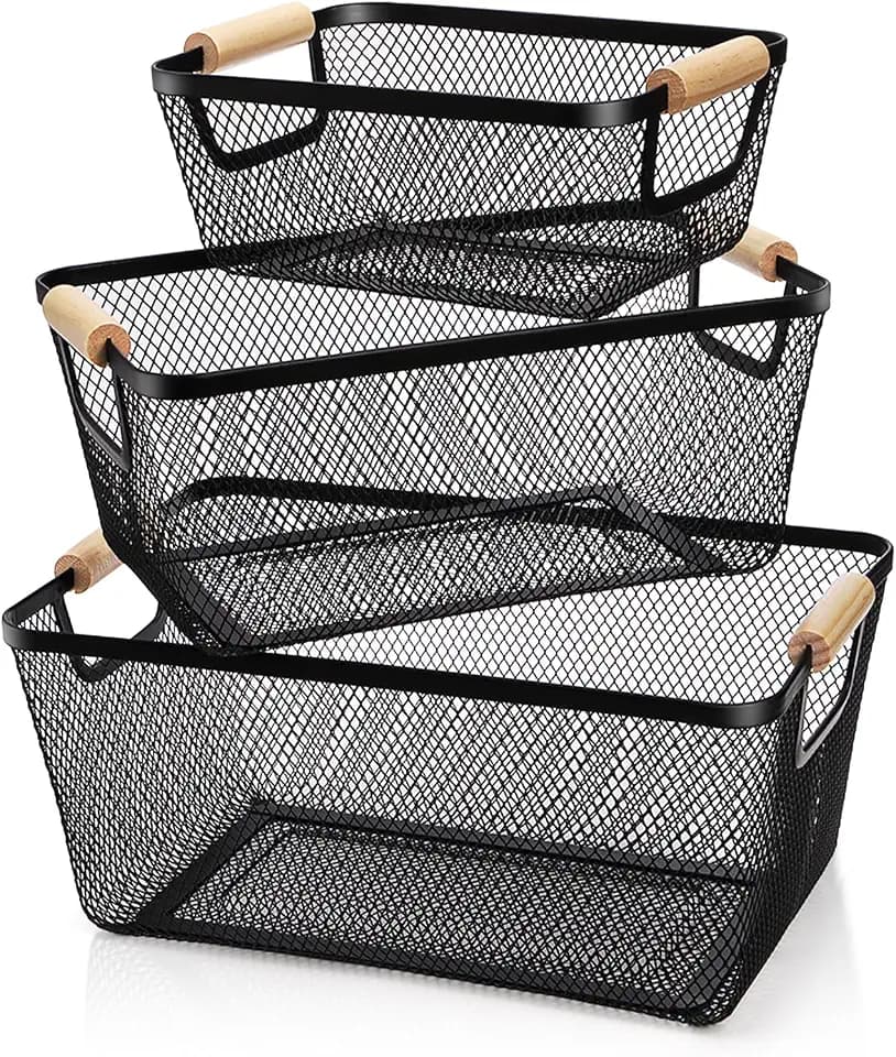 Noamus 3 Pack Metal Mesh Basket with Wooden Handle, Farmhouse Wire Steel Storage Bins, Rectangle Fruit Vegetable Organizer Containers for Home Cabinet Pantry Kitchen Decor, Snack Gift (Black, 3 Size)